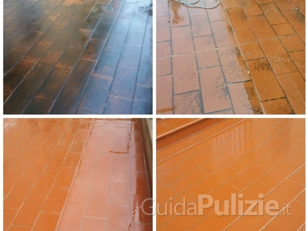 Le varie fasi della pulitura di un pavimento in cotto